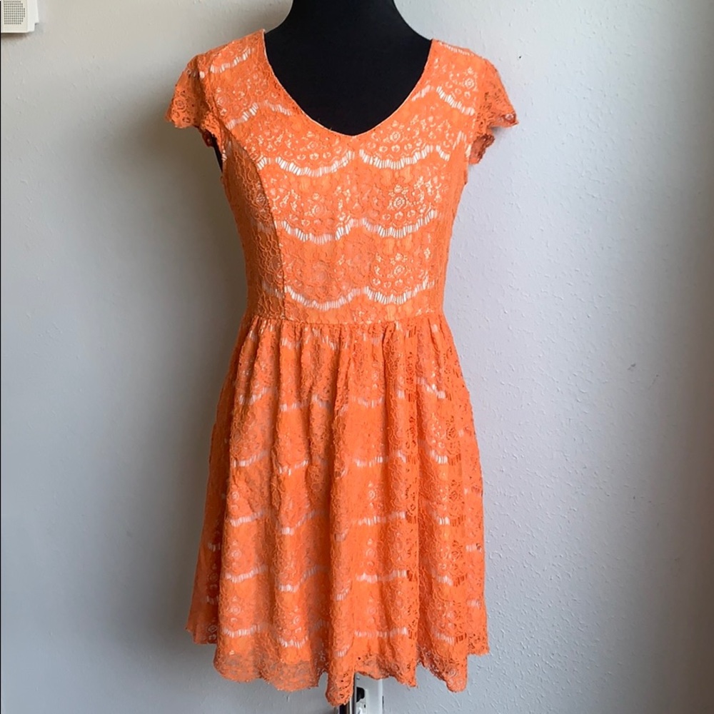 Kensie lace fit and flare dress - orange - small